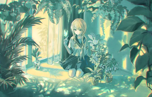 Room, butterfly, plants, girl, school uniform, crying