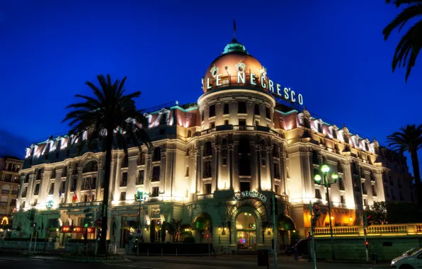 City, palm trees, the evening, the hotel, architecture, night, france, hotel