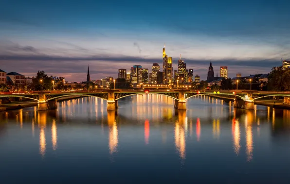 Bridge, the city, lights, river, building, skyscrapers, the evening, Germany