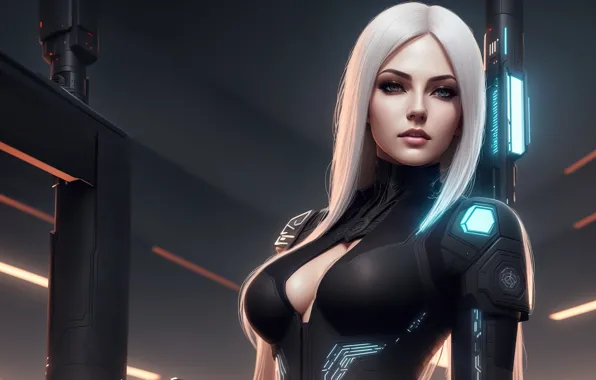 Girl, fantasy, armor, art, cyberpunk, blond, digital art, fantasy art