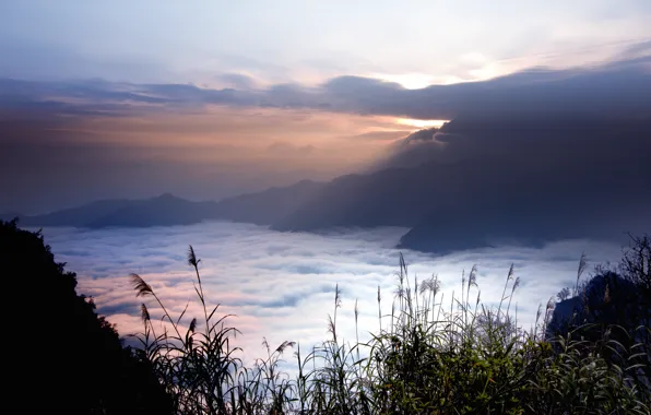 The sky, clouds, sunset, mountains, fog, height, the evening, Taiwan