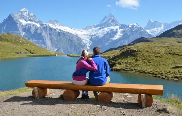 Snow, mountains, lake, tops, pair