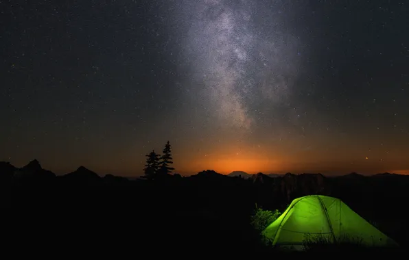 Stars, sunset, green, beauty, Mountains, tent