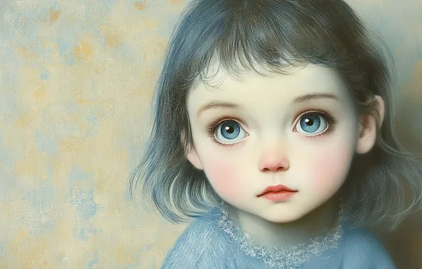Look, wall, portrait, girl, blue eyes, in blue, imitation painting, AI art