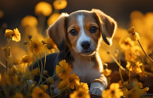 Look, light, flowers, pose, glade, portrait, dog, garden