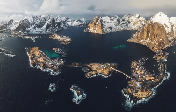 Winter, sea, snow, mountains, rocks, the fjord, The Lofoten Islands