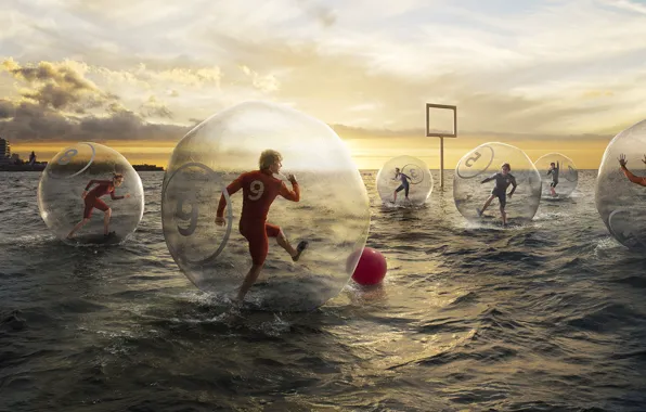 Picture sea, water, creative, football, the game, the ball, humor, gate