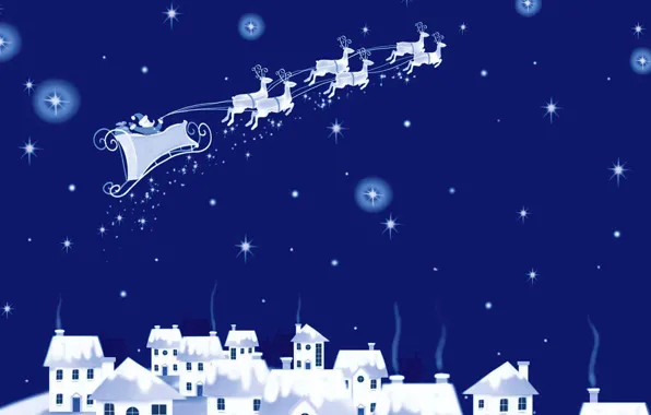 Winter, Christmas, houses, sleigh, Santa Claus, deer, postcard