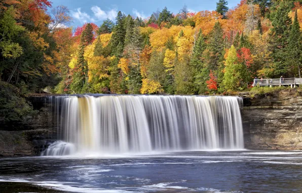 Picture autumn, forest, trees, river, waterfall, Michigan, Michigan, Tahquamenon Falls State Park