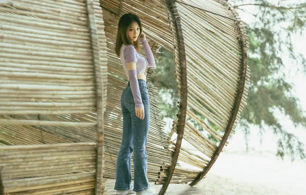 Asian, model, women, jeans, casual, looking at viewer, crop top, Taoliang Azhai