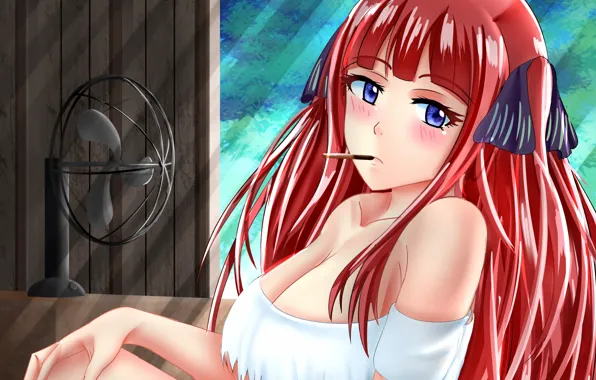 Girl, sexy, cleavage, red hair, long hair, boobs, anime, beautiful