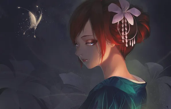 Picture look, girl, flowers, butterfly, anime, art, geisha