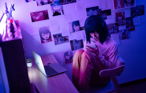 Light, Asian, Model, Wall, Woman, Desk, Sitting, Computer