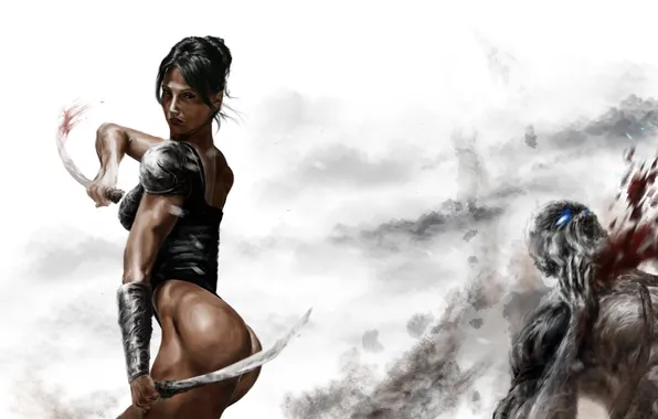 Girl, weapons, blood, fantasy, art, swords, undead, daggers