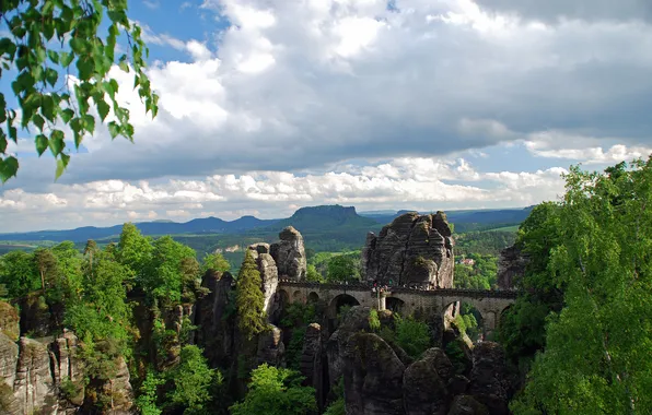 Picture the sky, trees, mountains, bridge, rocks, Germany