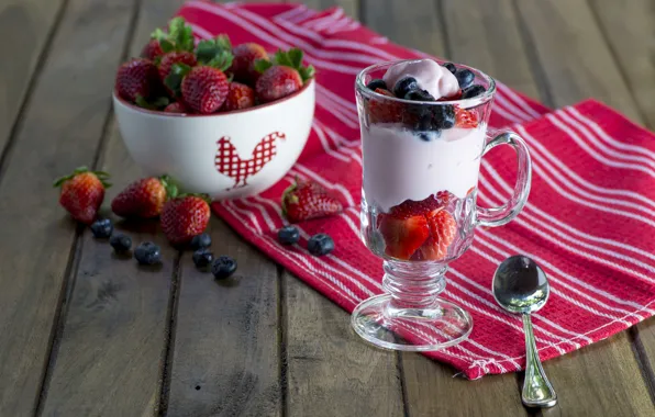 Picture berries, strawberry, dessert, napkin, blueberries, yogurt