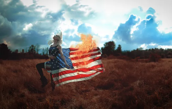 Girl, fire, the situation, flag
