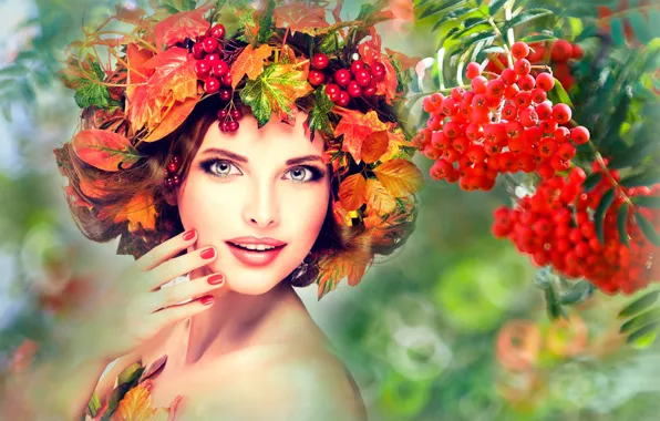 Picture leaves, girl, flowers, branches, red, berries, creative, background