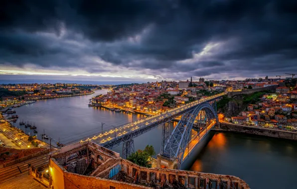 Picture bridge, river, Portugal, night city, Portugal, Vila Nova de Gaia, Porto, Port