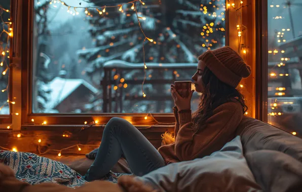 Winter, glass, girl, snow, comfort, house, sofa, holiday