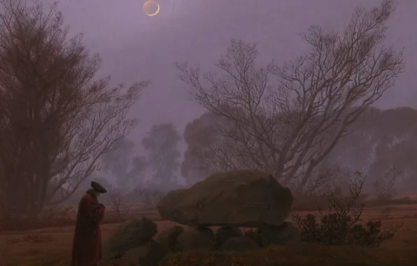 Landscape, stone, picture, The moon, Caspar David Friedrich, A walk in the Twilight