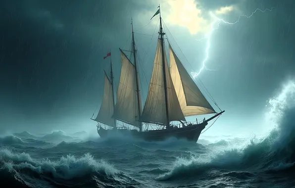 Sea, wave, clouds, storm, lightning, ship, sailboat