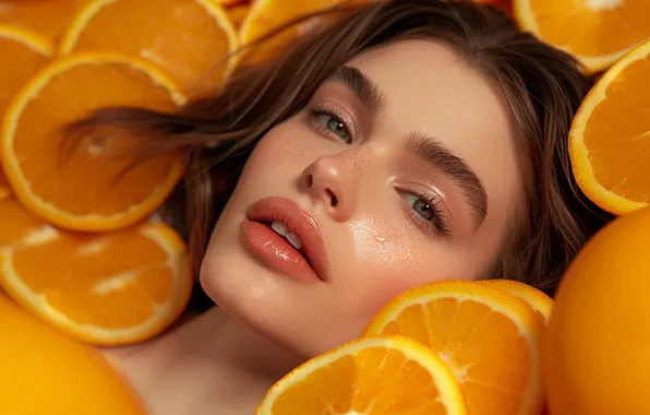 Summer, look, girl, face, pose, portrait, oranges, lies