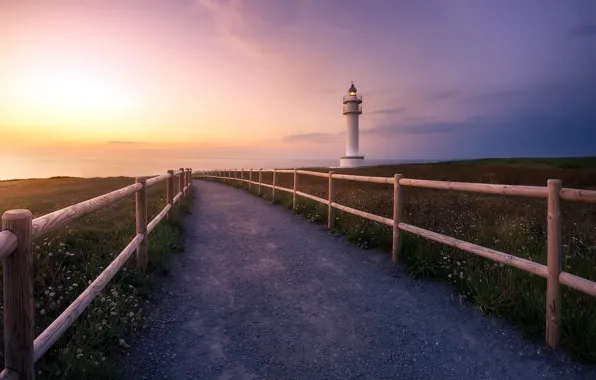 Road, sea, sunset, lighthouse
