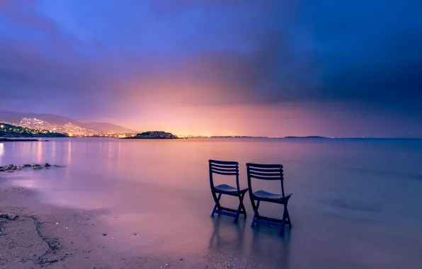 Sand, sea, beach, the sky, reflection, sunset, mountains, the city