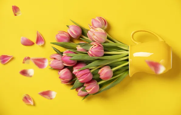 Picture yellow, background, bouquet, tulips, pitcher