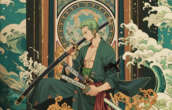 Picture One Piece, Roronoa Zoro, Chinese architecture, AI art, Art Nouveau, Alphonse Mucha