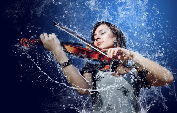 Picture water, girl, squirt, music, violin, brunette, bow, violinist