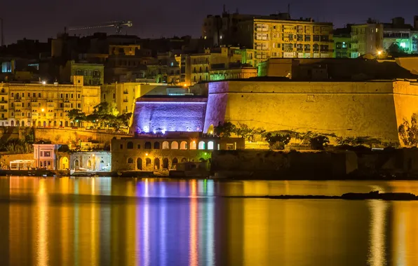 Picture sea, night, lights, wall, home, Malta, Valletta