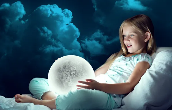 Clouds, joy, the moon, surprise, girl, lamp