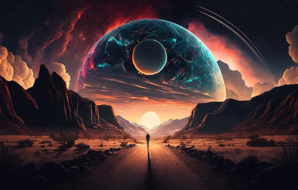 Road, the sun, space, clouds, light, mountains, the way, stones