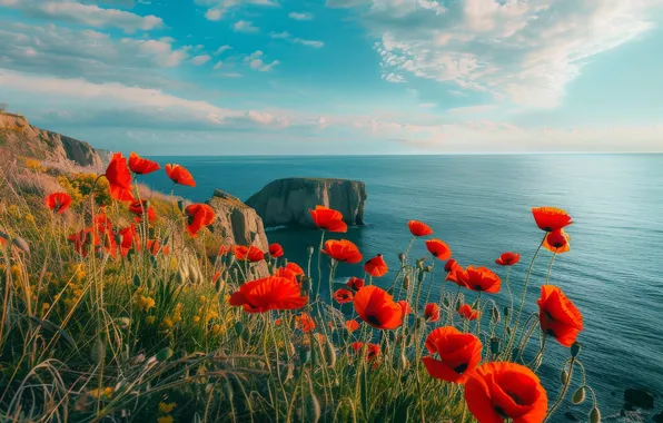 Sea, summer, clouds, flowers, blue, rocks, shore, Maki