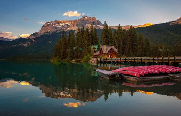 Forest, the sky, light, mountains, bridge, lights, lake, reflection