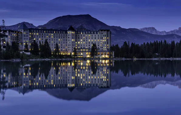 Mountains, lake, reflection, the evening, lighting, Canada, Albert, the hotel