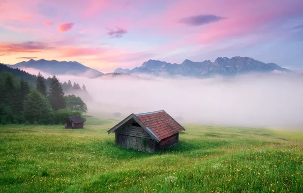Fog, the evening, Germany, Alps, houses, Michael Breitung, Bovary