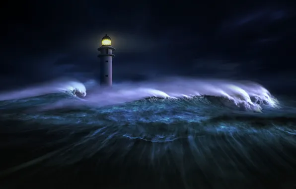 Sea, wave, light, night, darkness, graphics, lighthouse, digital art