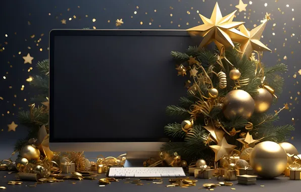 Computer, stars, balls, branches, the dark background, gold, Shine, sequins