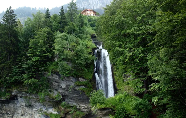 The sky, trees, mountains, house, waterfall, Switzerland, Switzerland, Reichenbach