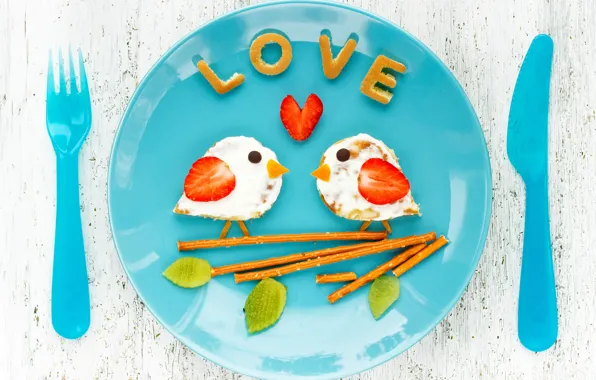 Breakfast, strawberry, plate, funny, breakfast, sandwiches, Valentines Day