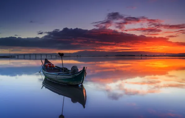 Picture sunset, lake, boat