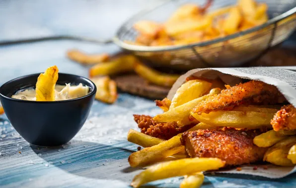 Macro, food, Closeup of homemade Fish &ampamp; Chips and sauce
