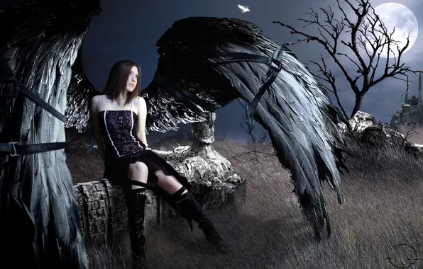 Tree, pen, the moon, Girl, wings