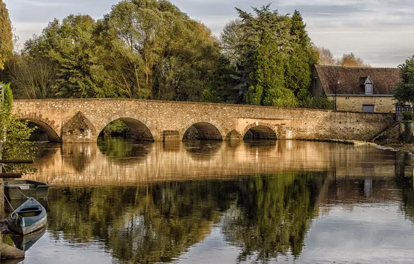 Picture trees, bridge, reflection, river, boat, France, home, France