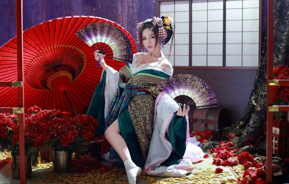 Picture girl, flowers, umbrella, geisha, kimono, Asian, fans