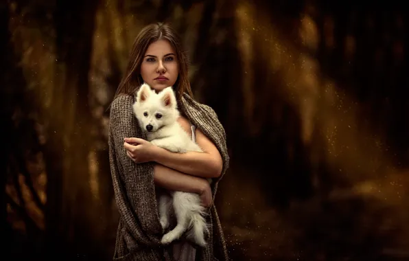 Picture white, girl, puppy, dog