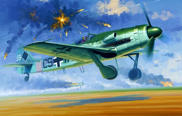 Picture war, art, airplane, painting, Focke-Wulf FW190D-12